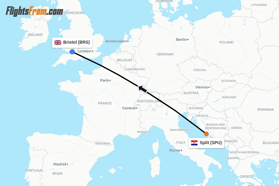 Flights from Split to Bristol route map