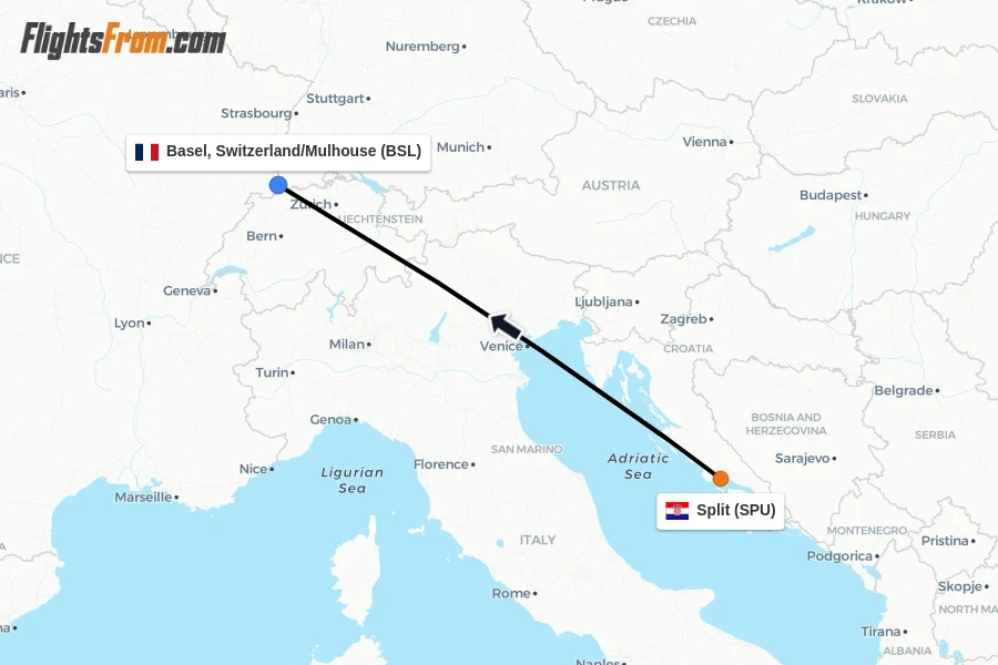 Flights from Split to Basel, Switzerland/Mulhouse route map