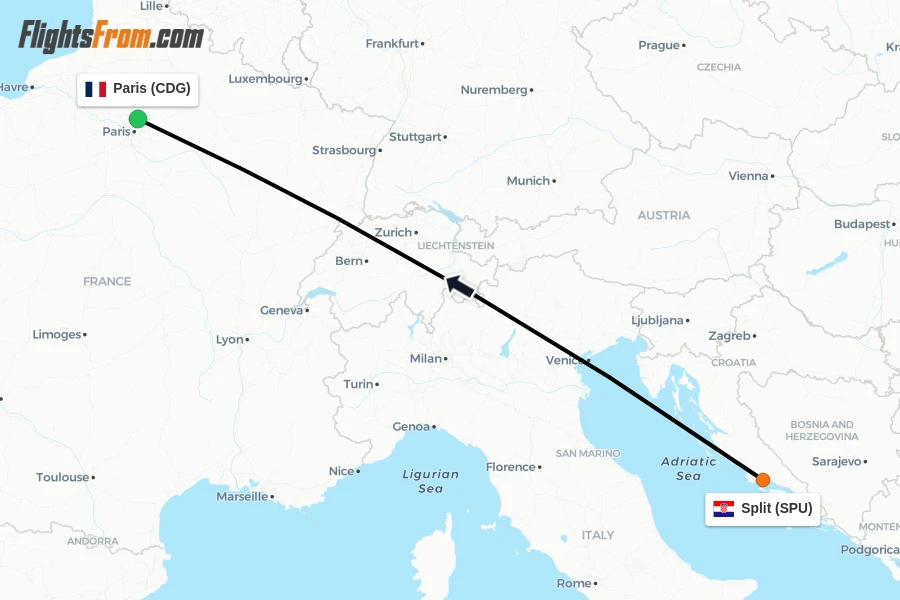 Flights from Split to Paris route map