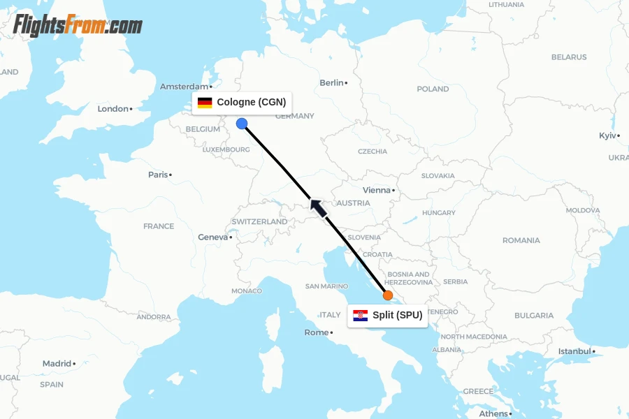 Flights from Split to Cologne route map