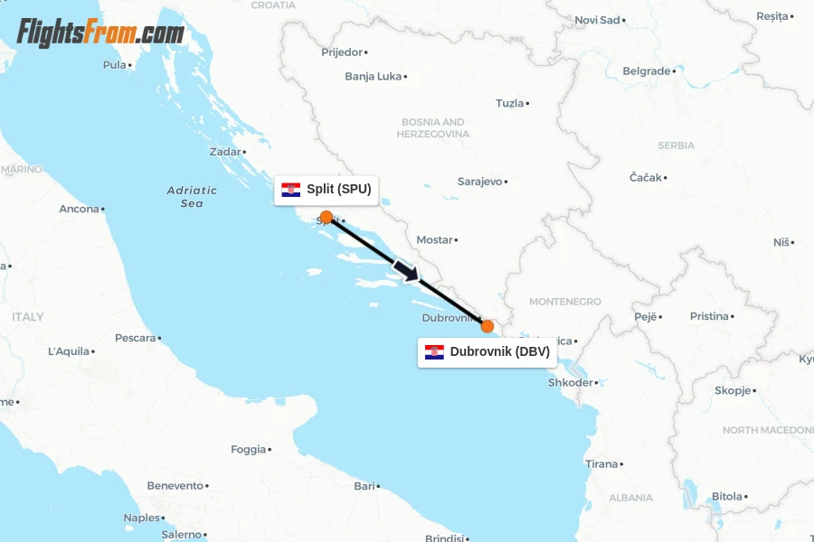Flights from Split to Dubrovnik route map