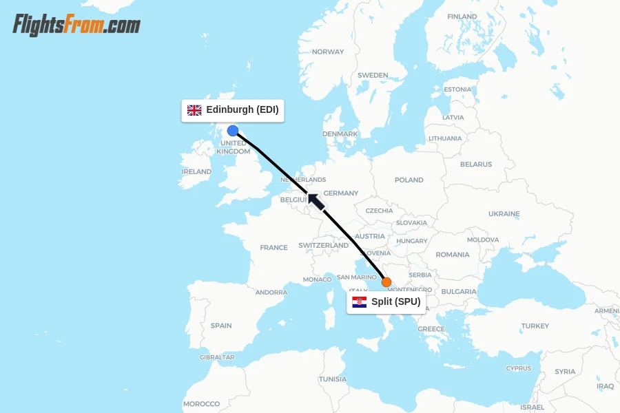 Flights from Split to Edinburgh route map
