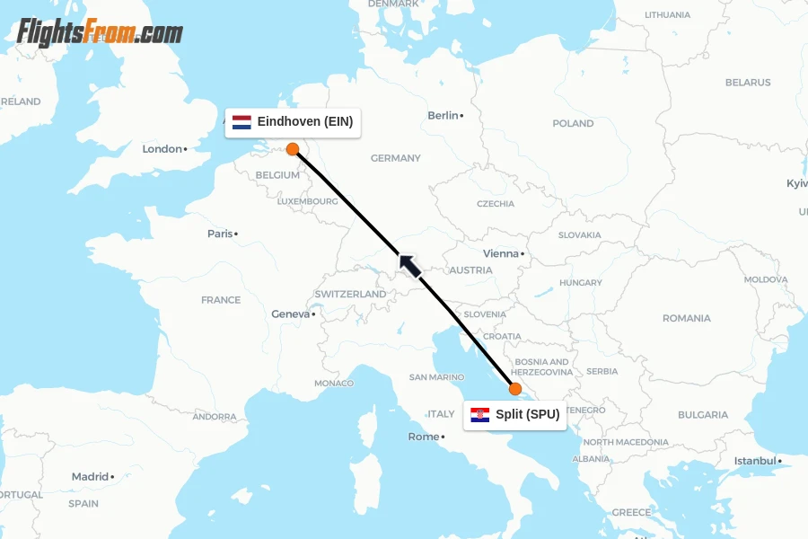 Flights from Split to Eindhoven route map