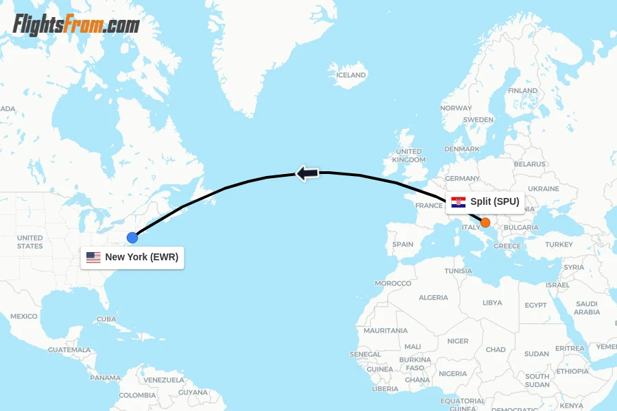 Flights from Split to New York route map
