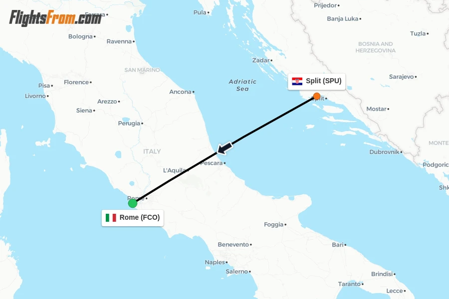 Flights from Split to Rome route map