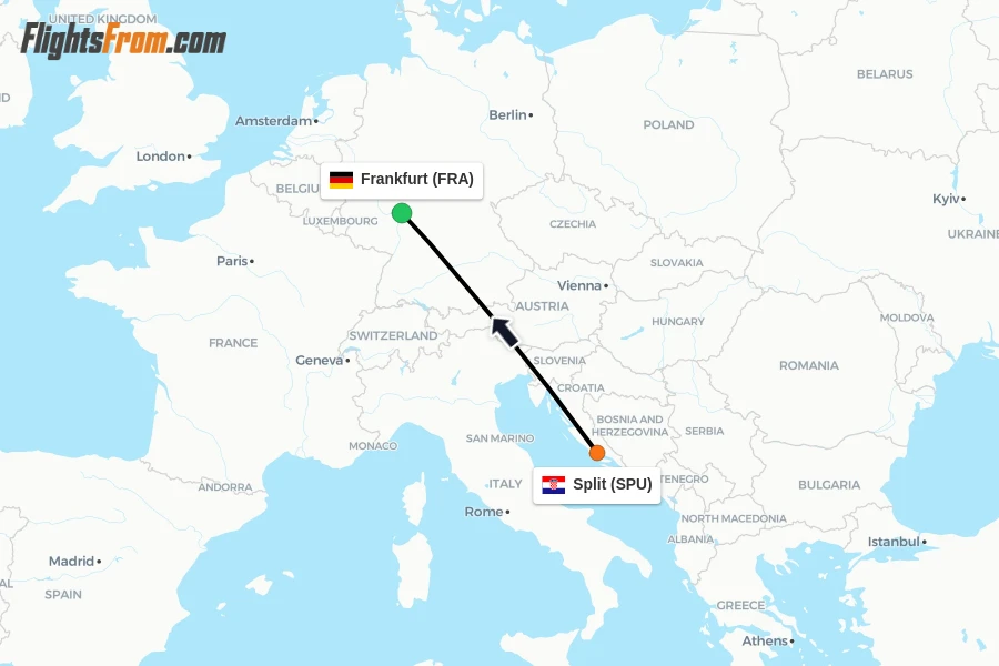 Flights from Split to Frankfurt route map