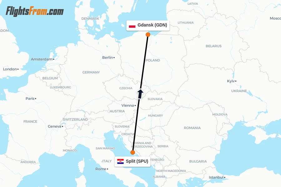 Flights from Split to Gdansk route map