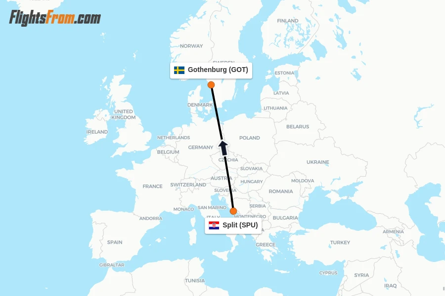 Flights from Split to Gothenburg route map