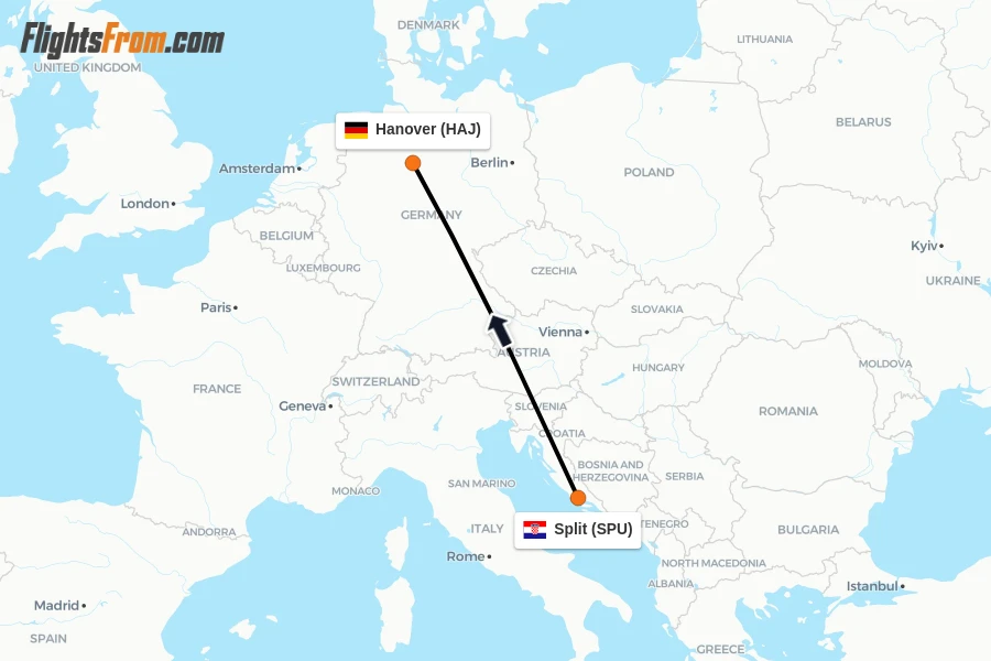Flights from Split to Hanover route map