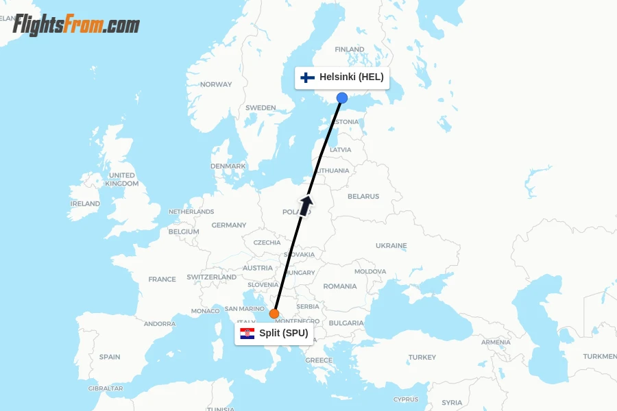 Flights from Split to Helsinki route map