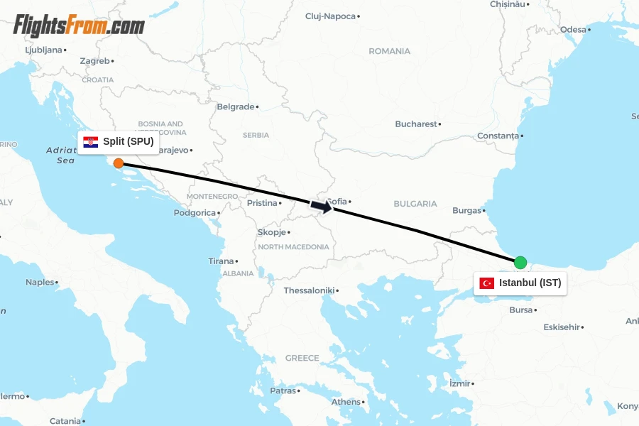 Flights from Split to Istanbul route map