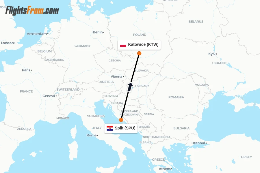 Flights from Split to Katowice route map