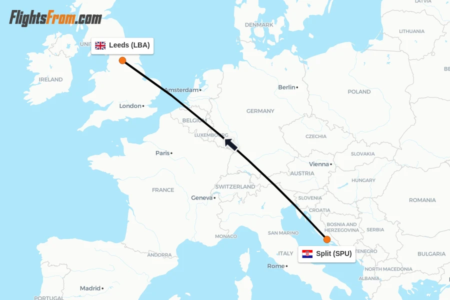 Flights from Split to Leeds route map
