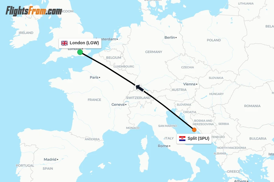 Flights from Split to London route map