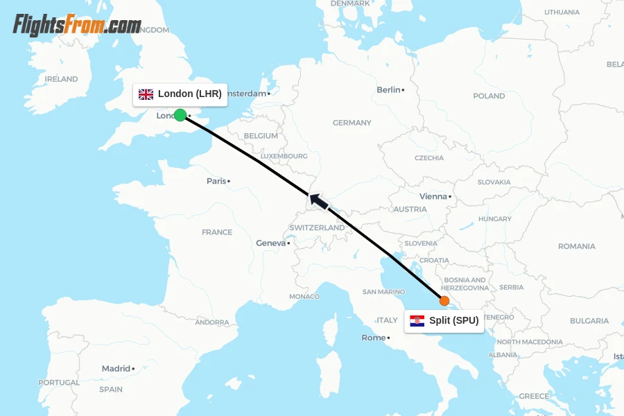 Flights from Split to London route map