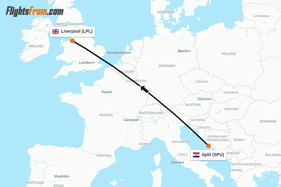 Flights from Split to Liverpool route map