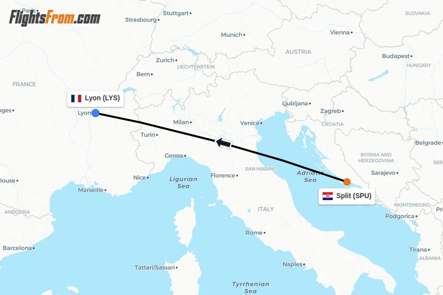 Flights from Split to Lyon route map