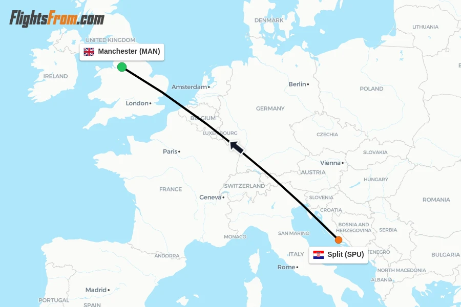 Flights from Split to Manchester route map