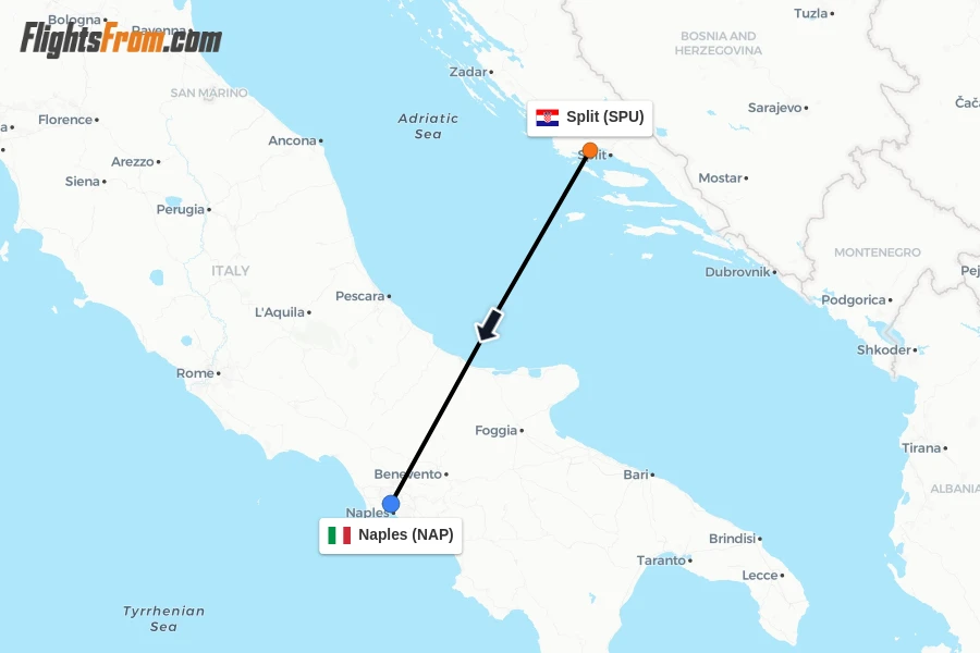Flights from Split to Naples route map