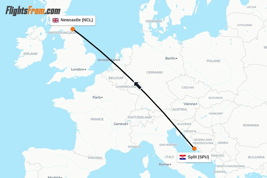 Flights from Split to Newcastle route map