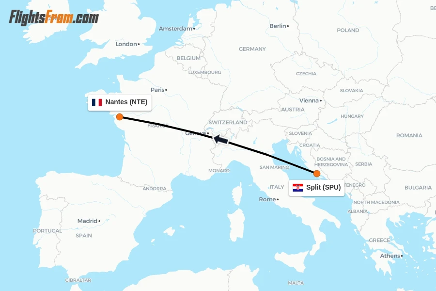 Flights from Split to Nantes route map