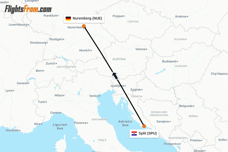 Flights from Split to Nuremberg route map