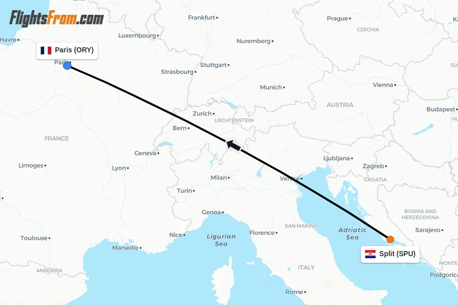 Flights from Split to Paris route map