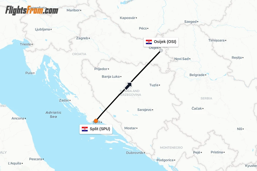 Flights from Split to Osijek route map