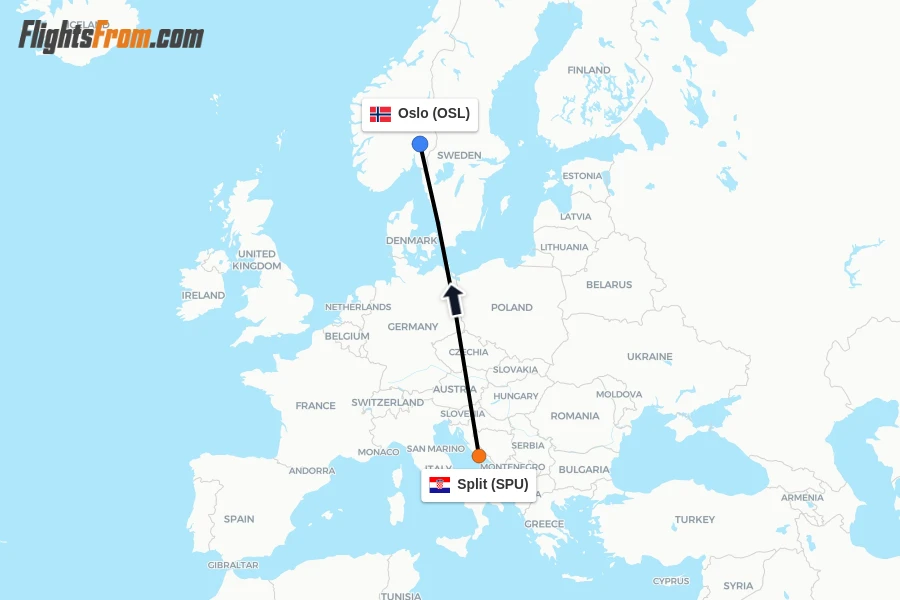 Flights from Split to Oslo route map