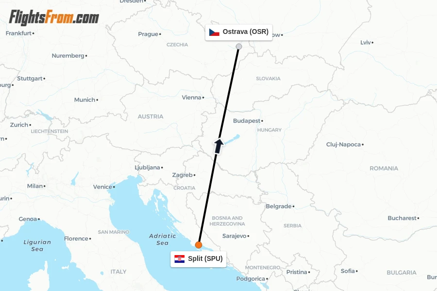 Flights from Split to Ostrava route map