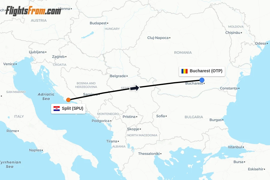 Flights from Split to Bucharest route map