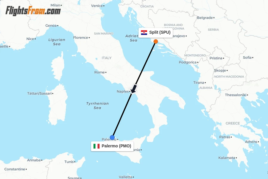 Flights from Split to Palermo route map