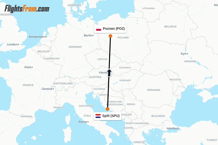 Flights from Split to Poznan route map