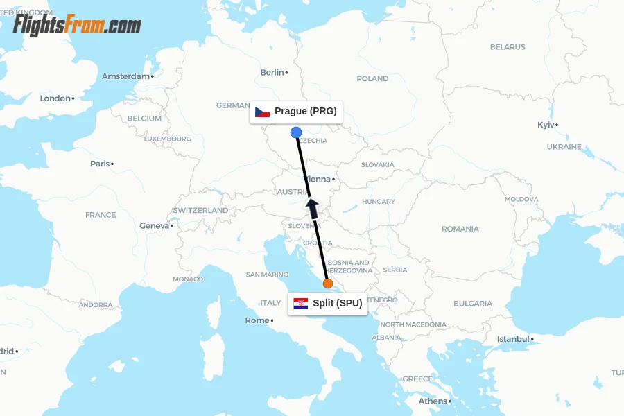 Flights from Split to Prague route map