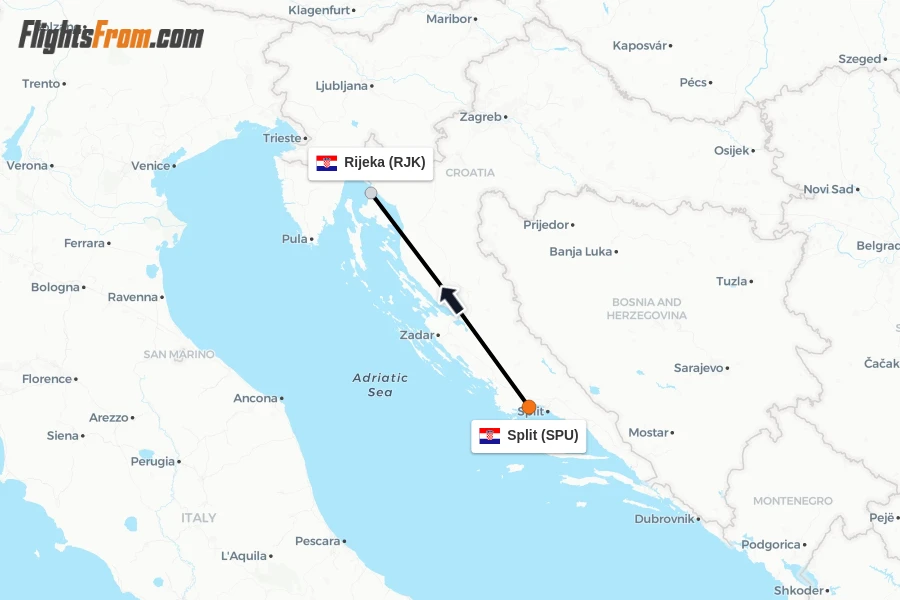 Flights from Split to Rijeka route map