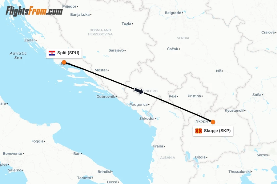 Flights from Split to Skopje route map
