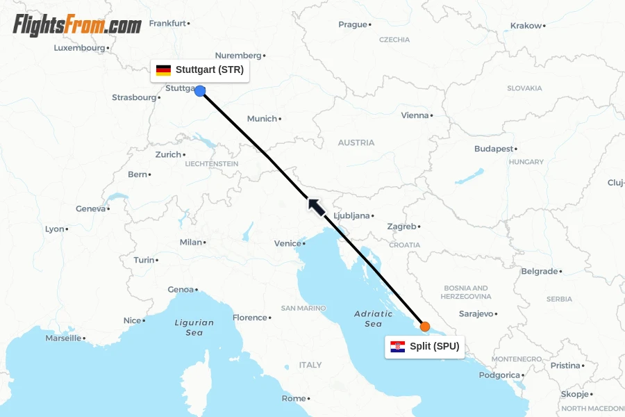 Flights from Split to Stuttgart route map