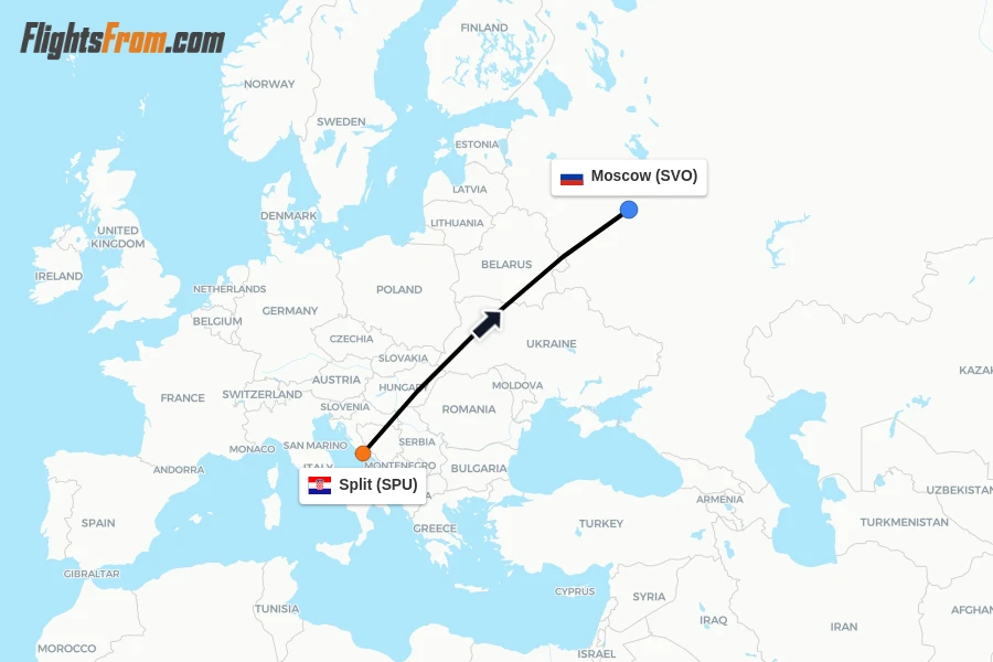 Flights from Split to Moscow route map