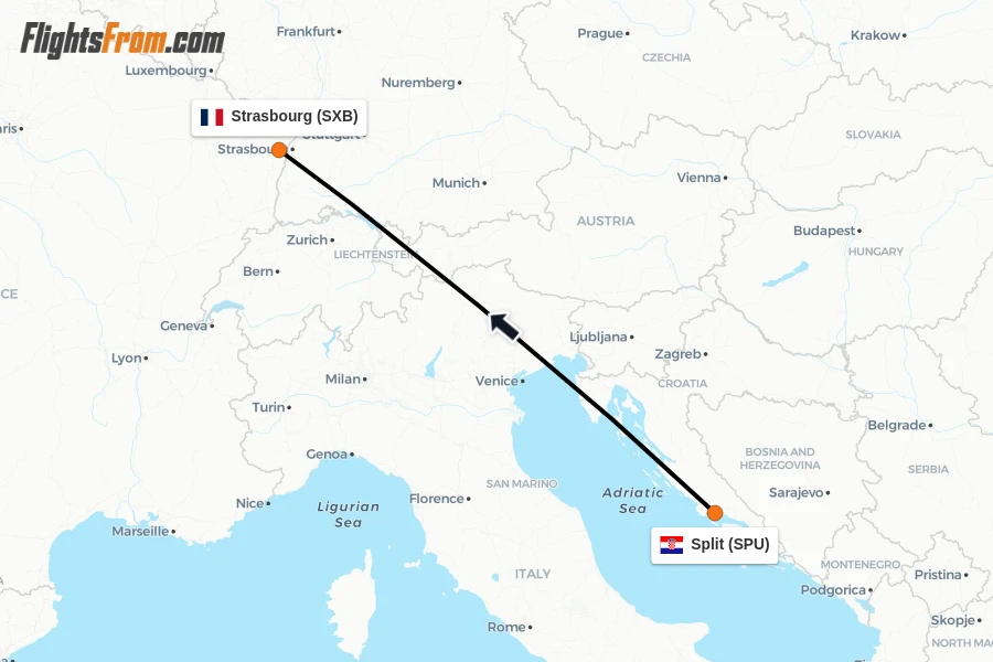 Flights from Split to Strasbourg route map
