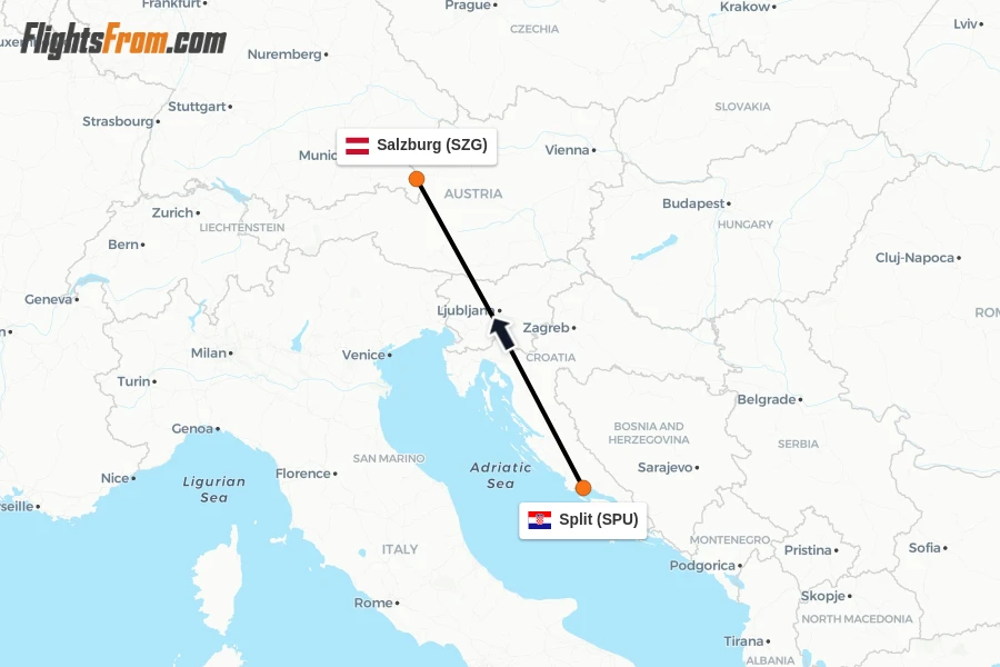 Flights from Split to Salzburg route map