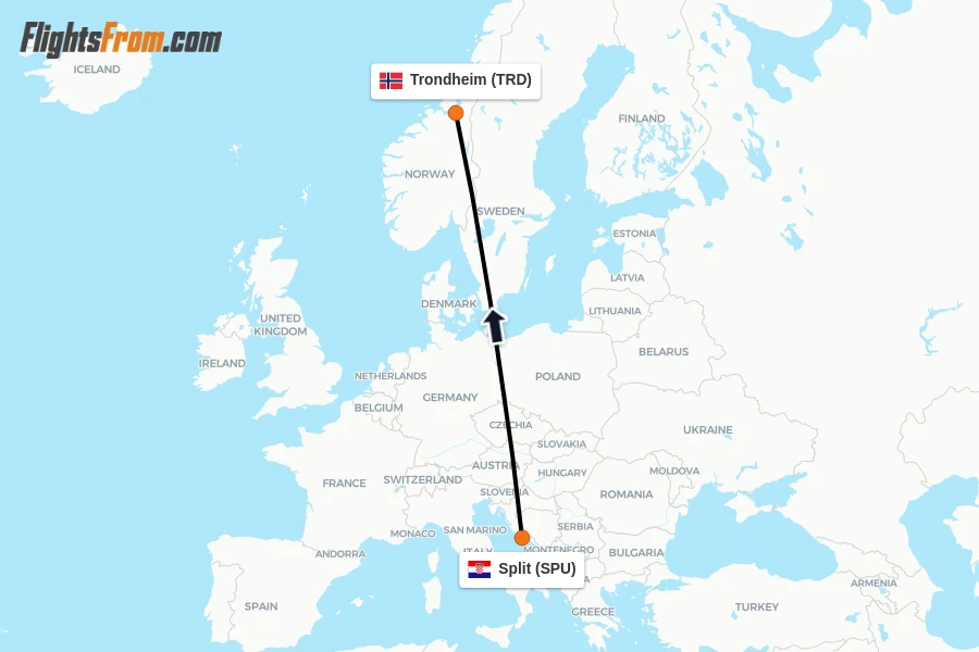 Flights from Split to Trondheim route map