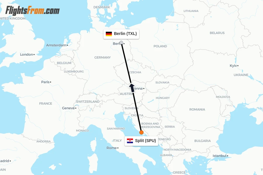 Flights from Split to Berlin route map