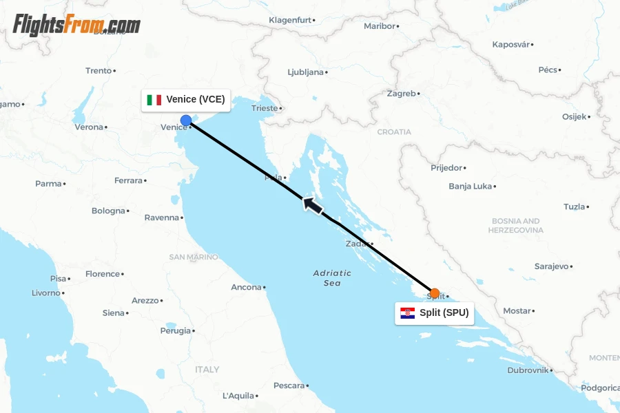 Flights from Split to Venice route map