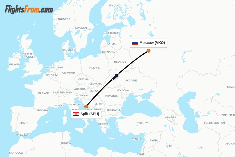 Flights from Split to Moscow route map