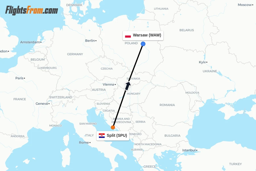 Flights from Split to Warsaw route map