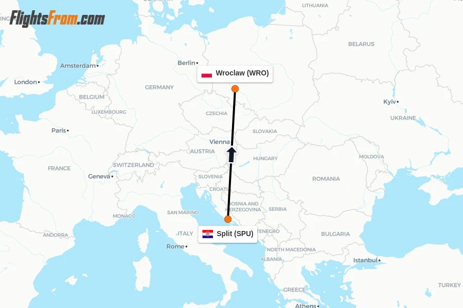 Flights from Split to Wroclaw route map