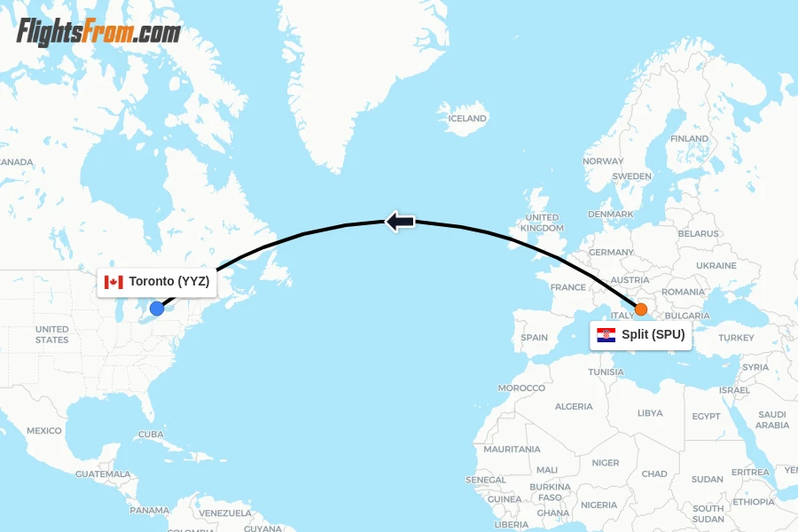 Flights from Split to Toronto route map
