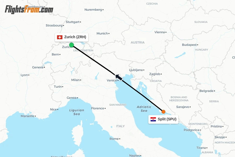 Flights from Split to Zurich route map