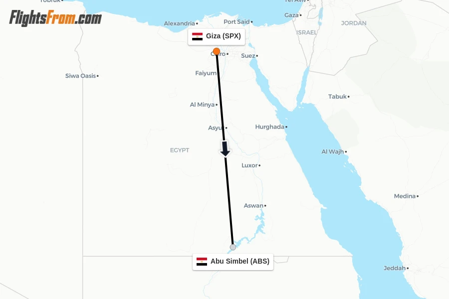 Flights from Giza to Abu Simbel route map