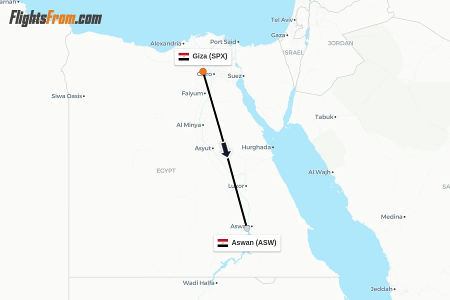 Flights from Giza to Aswan route map